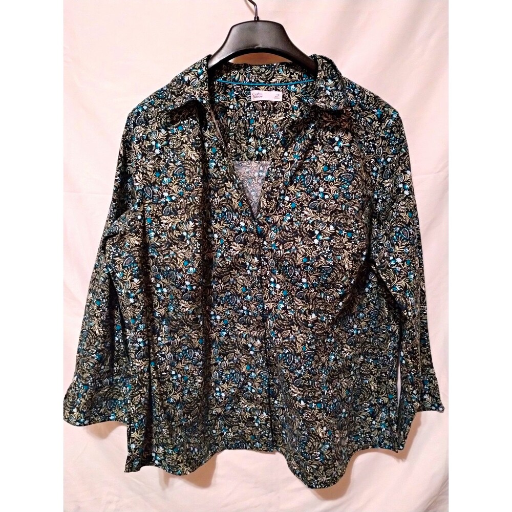 Croft & Barrow Womens 1X Floral Paisley Button Front Blouse Top Black Teal